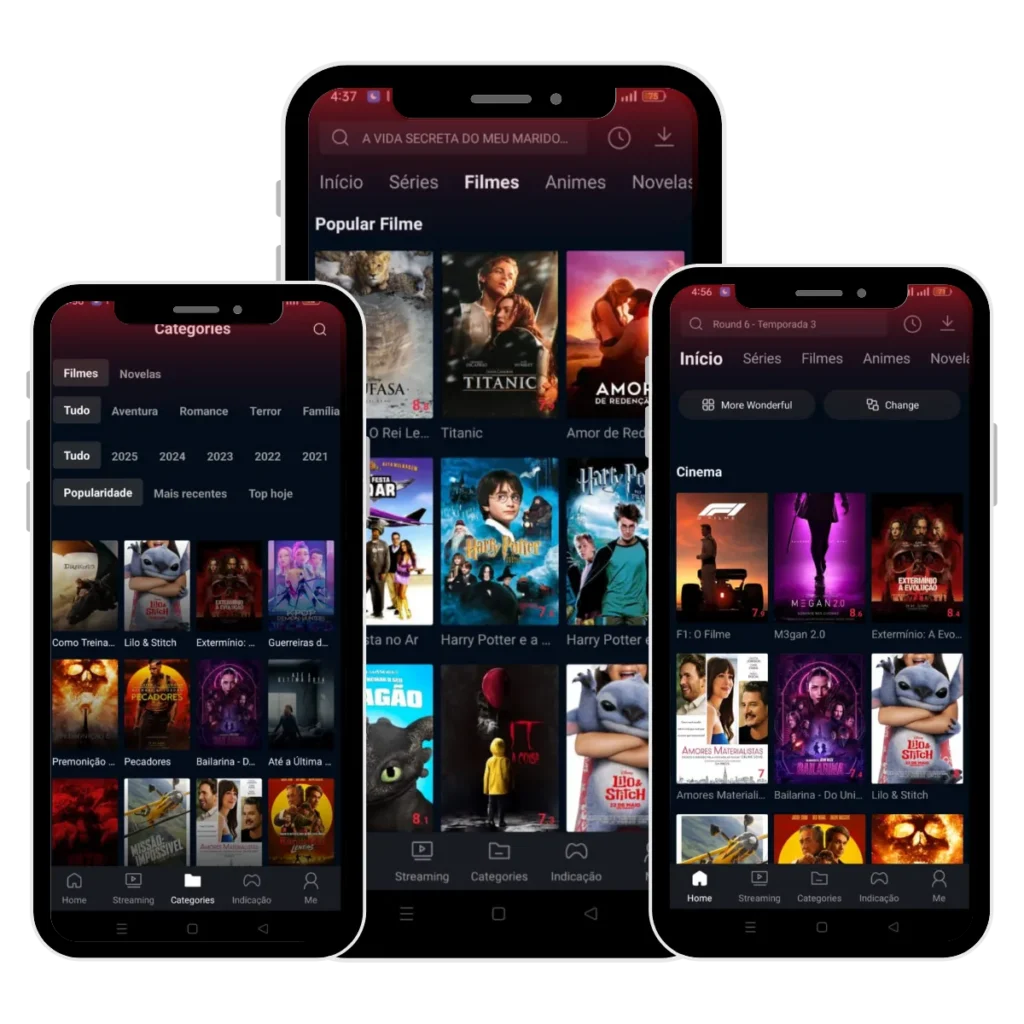 home page 39 Capturas de tela de um aplicativo móvel que exibe várias categorias e títulos de filmes e programas de TV,