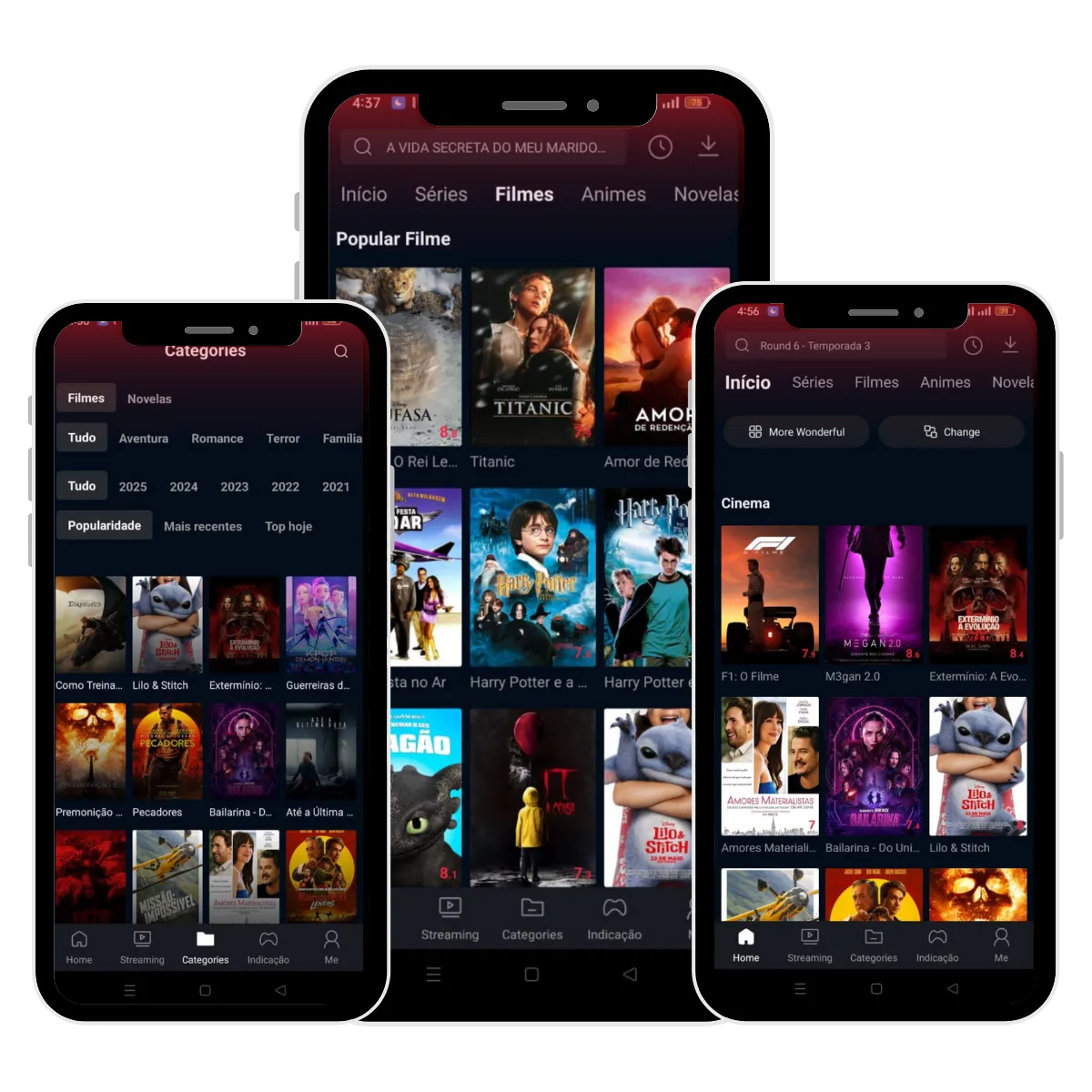 home page 1 Capturas de tela de um aplicativo móvel que exibe várias categorias e títulos de filmes e programas de TV,