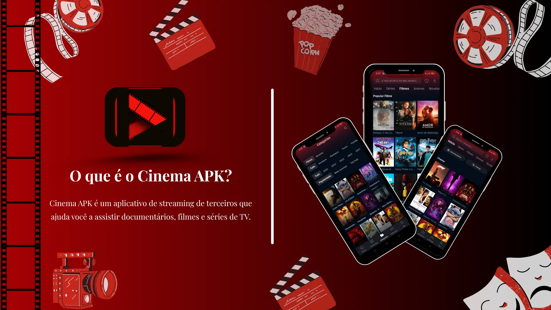 home page 8 Logotipo do Cinema APK com tela de celular mostrando a interface do aplicativo e capturas de tela de filmes