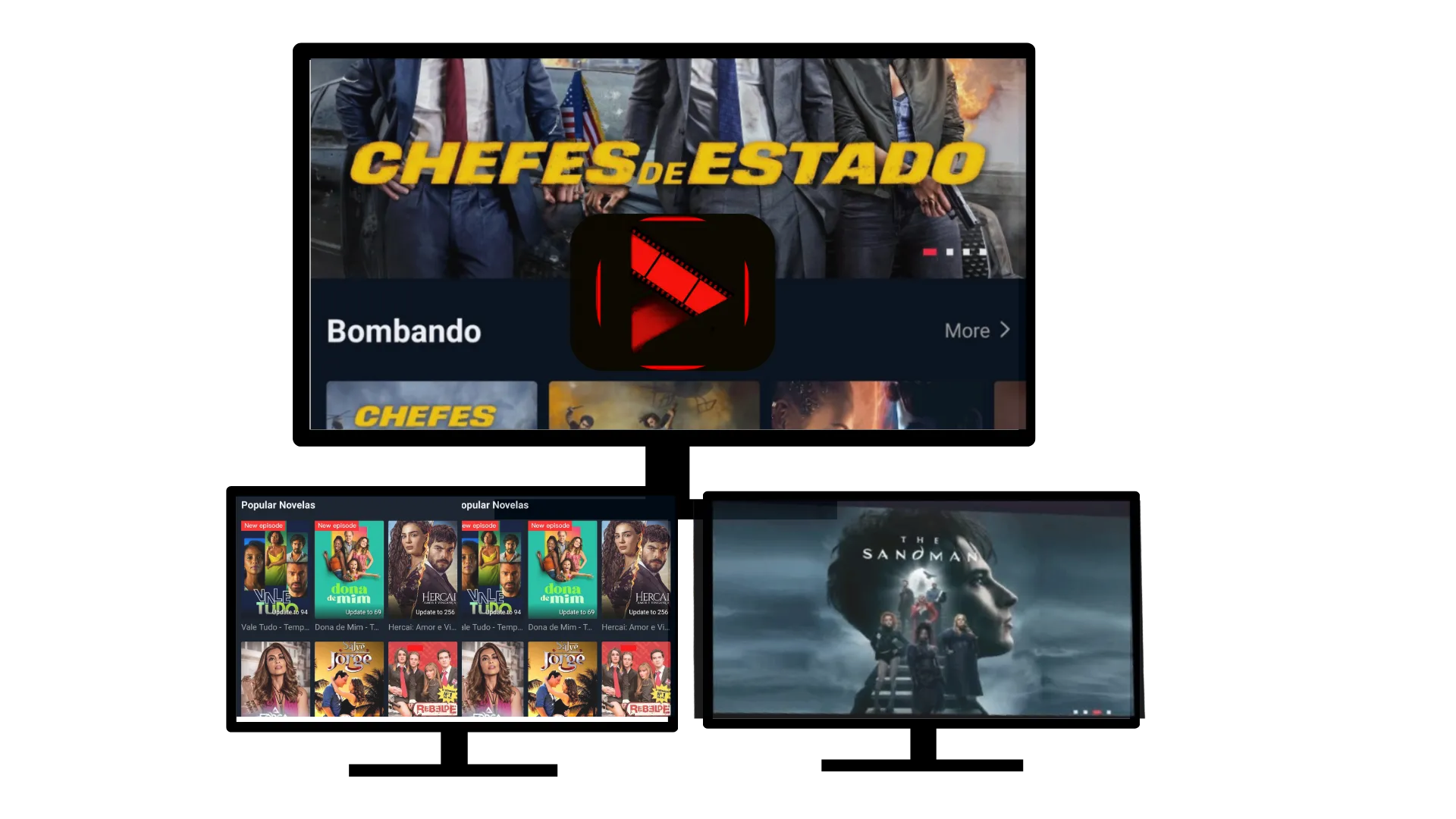 Imagem de vários computadores pessoais usados para mostrar os requisitos mínimos para rodar o Cinema APK no PC.
