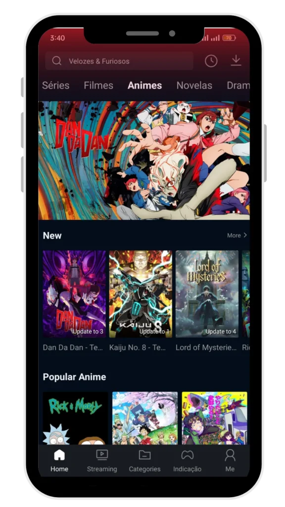 home page 37 Conteúdo de anime sendo exibido em um app de streaming no celular