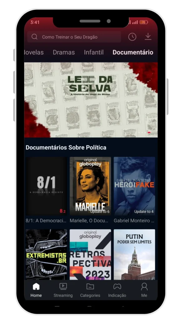 home page 36 Tela mostrando documentários em um aplicativo de vídeos no celular.
