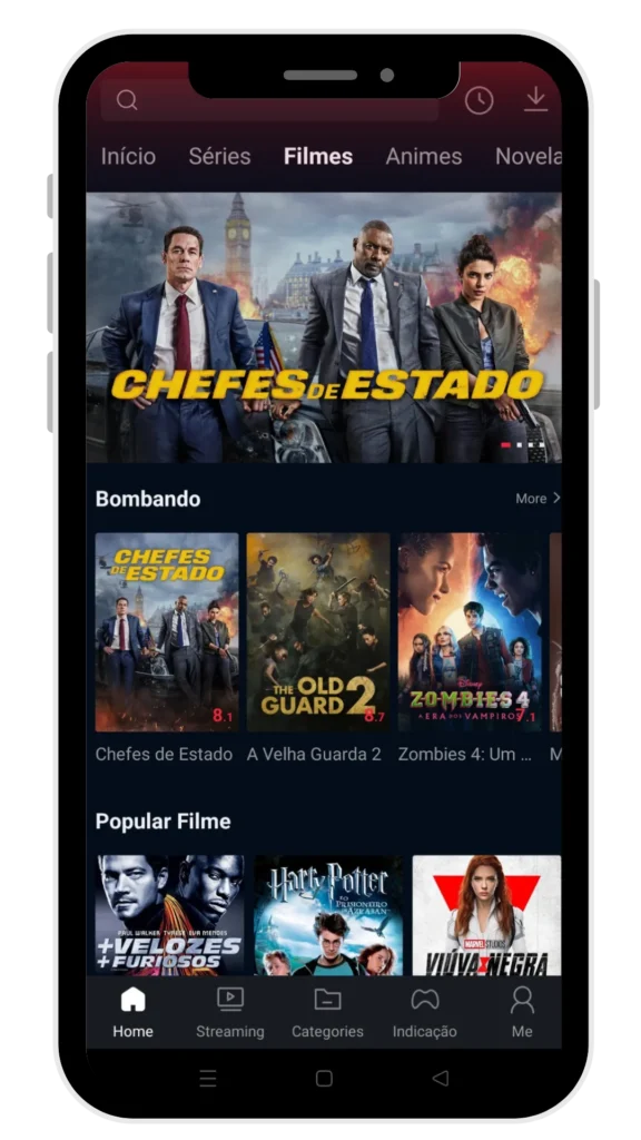 home page 34 Filmes abertos em um aplicativo de streaming no celular.