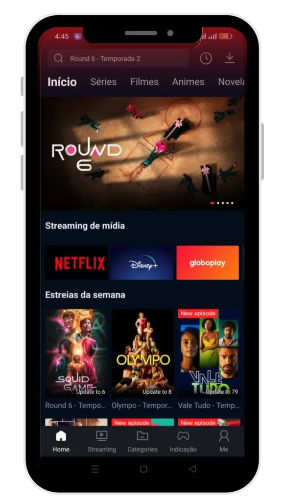 home page 2 A página inicial do aplicativo de streaming mostra os filmes e programas mais recentes