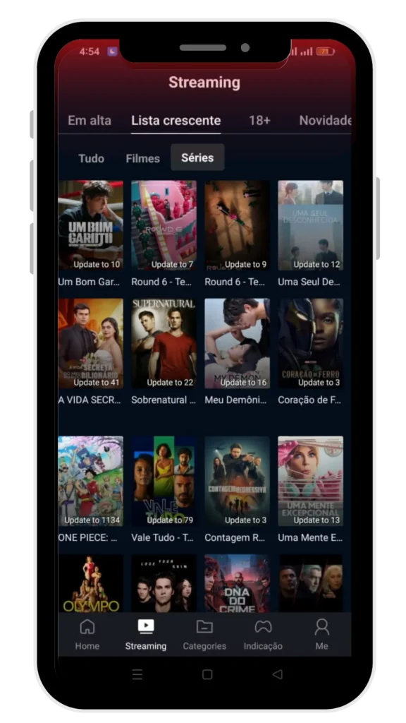 home page 3 Seção de streaming com séries como Squid Game e Supernatural exibidas no celular.