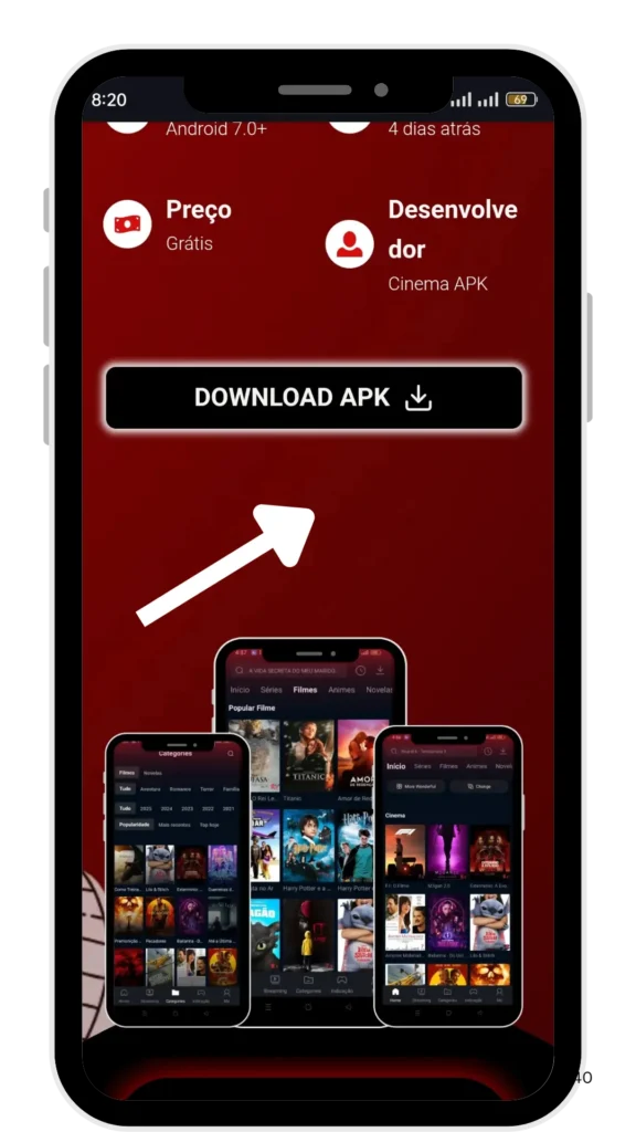 home page 23 Botão de download do Cinema APK na página inicial com uma seta apontando para ele